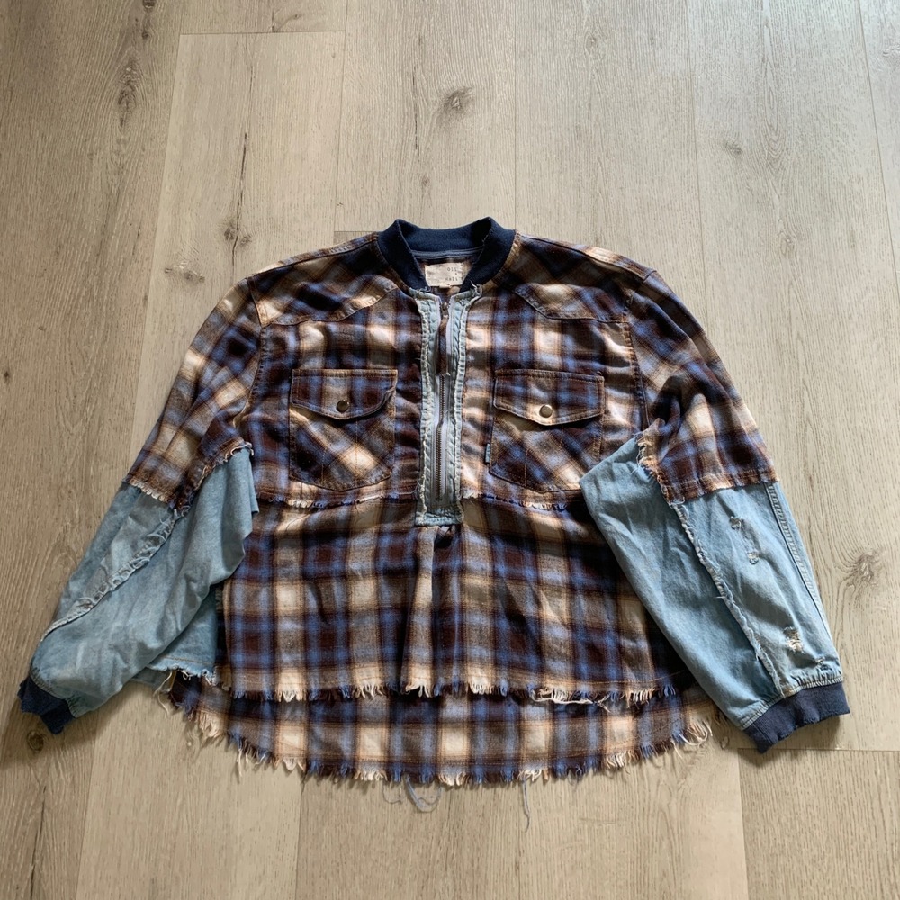 Oli & Hali Womens Plaid Denim Patchwork Pullover Top Blue Brown Boho Grunge M